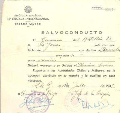 15th International Brigade safe conduct pass issued to Commissar Jones, 1938