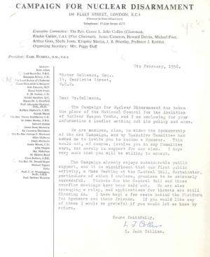 Letter from Canon Collins, one of the founders of CND, inviting Victor Gollancz to become a sponsor of the new organisation, February 1958
