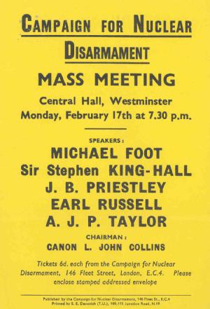 Leaflet advertising the first mass meeting of the Campaign for Nuclear Disarmament, 1958