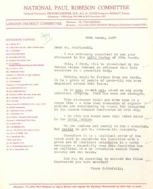 Copy of letter sent to the poet Hugh MacDiarmid by the National Paul Robeson Committee