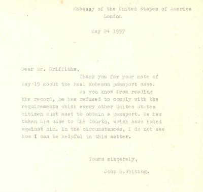 Copy of letter from the Embassy of the United States of America