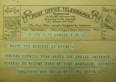 Telegram from Ernest Bevin, sending news of the termination of the General Strike by the Trades Union Congress General Council, 1926