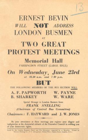 Handbill from the London Busmen's Rank and File Movement, attacking the leadership of the Transport and General Workers' Union