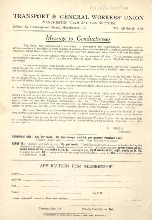 Transport and General Workers' Union recruitment notice directed at Manchester bus and tram conductresses, 1939