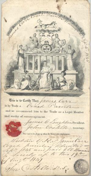 United Kingdom Society of Coach Makers: Transfer or travelling card in the name of James Carr, coach painter, Dublin, 1847