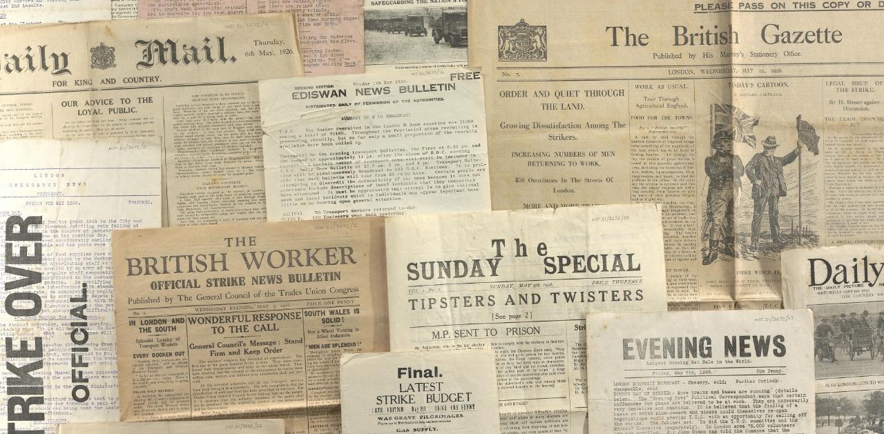 Photograph of bulletins and newspapers published during the 1926 General Strike.