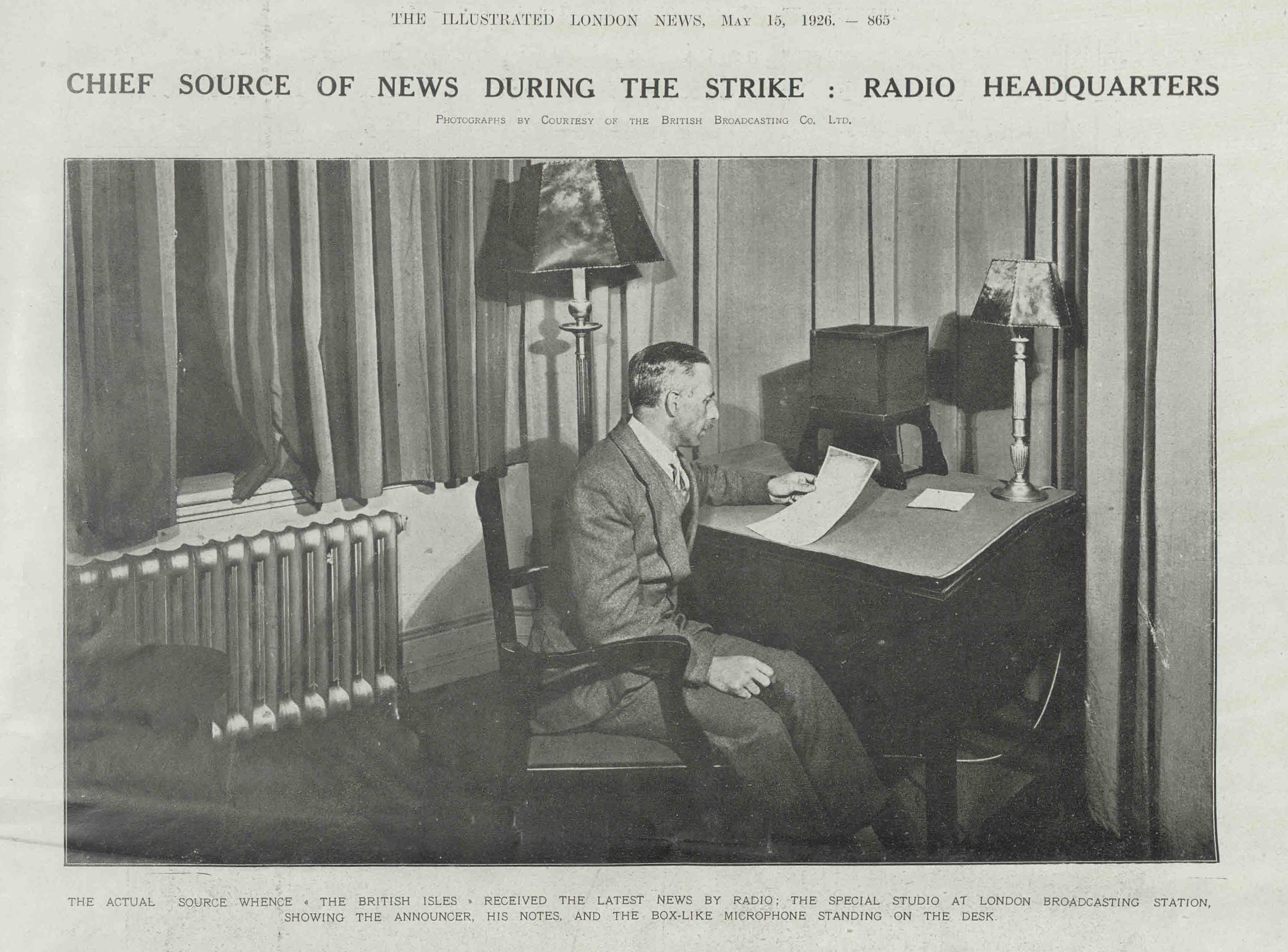 Photograph from the Illustrated London News, 15 May 1926. It shows a BBC announcer broadcasting at London Broadcasting Station during the General Strike.