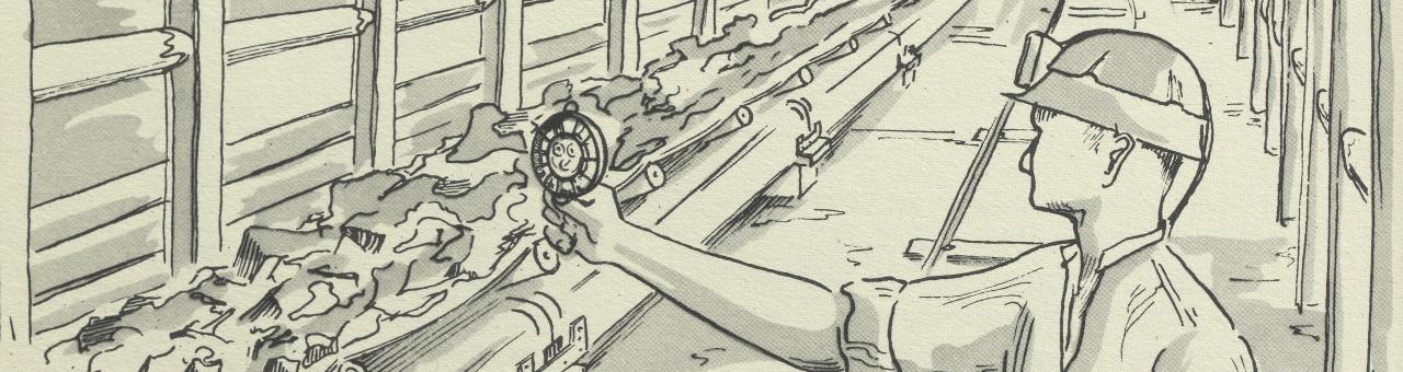 Drawing of a miner testing ventilation underground