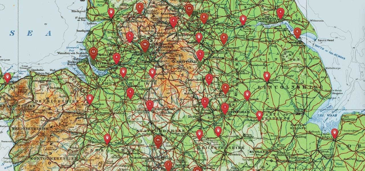 Map of England, with pins in.