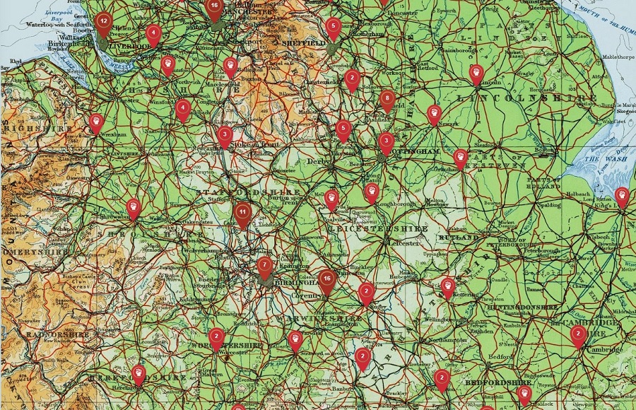 Map of England, with pins in.