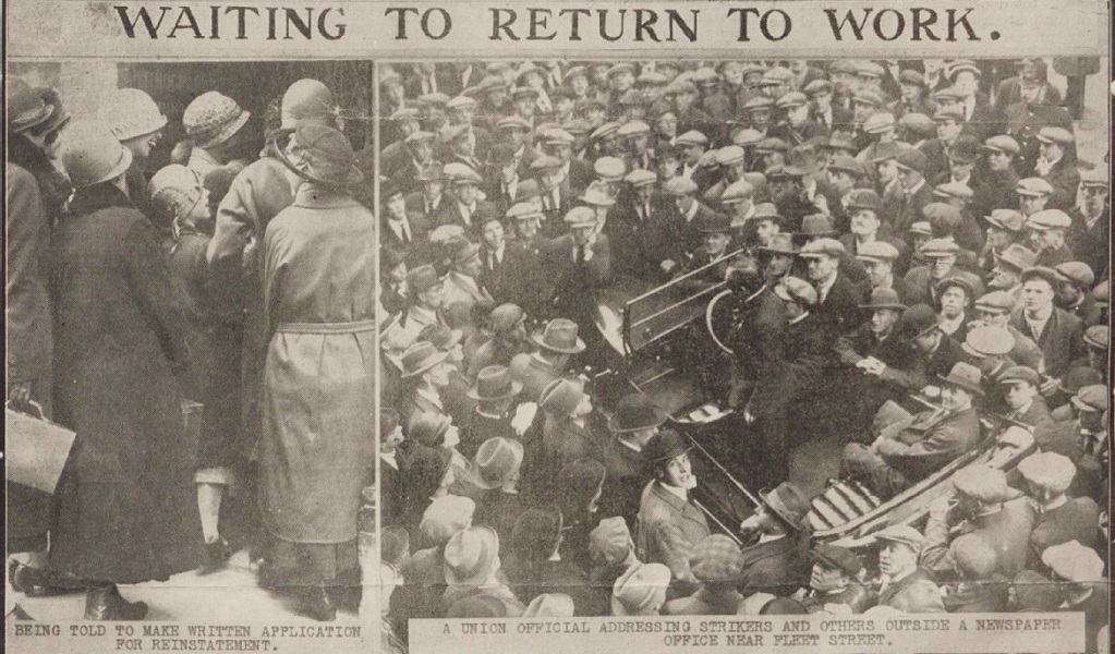 Two photos headed 'Waiting to return to work'. Both show groups of people.