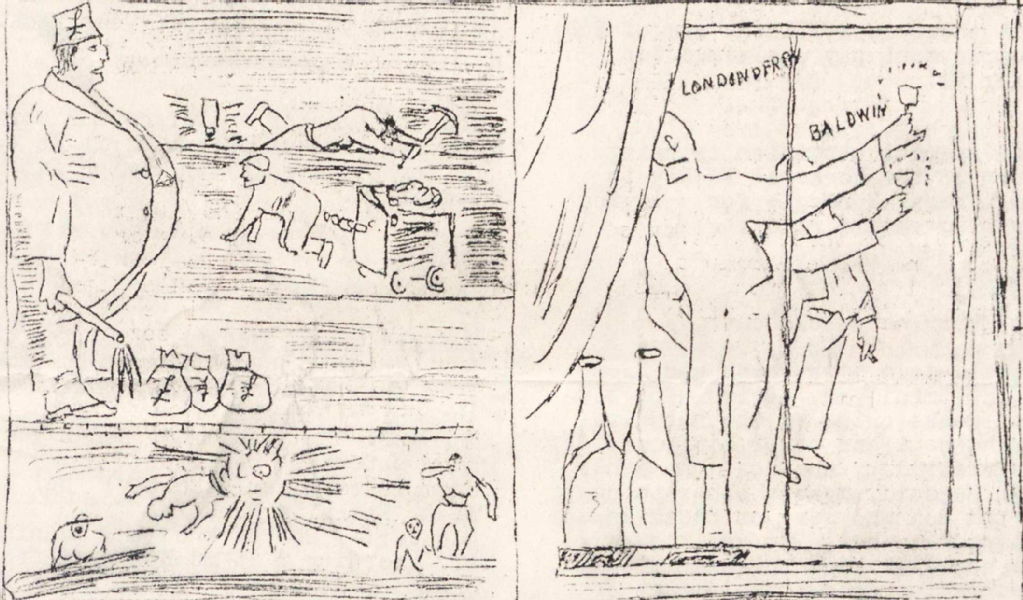 Cartoon. One side shows miners being forced to work underground in harsh and dangerous conditions. The other side shows political leaders, including Baldwin, drinking champagne.