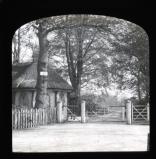 White gate and house with old trees
