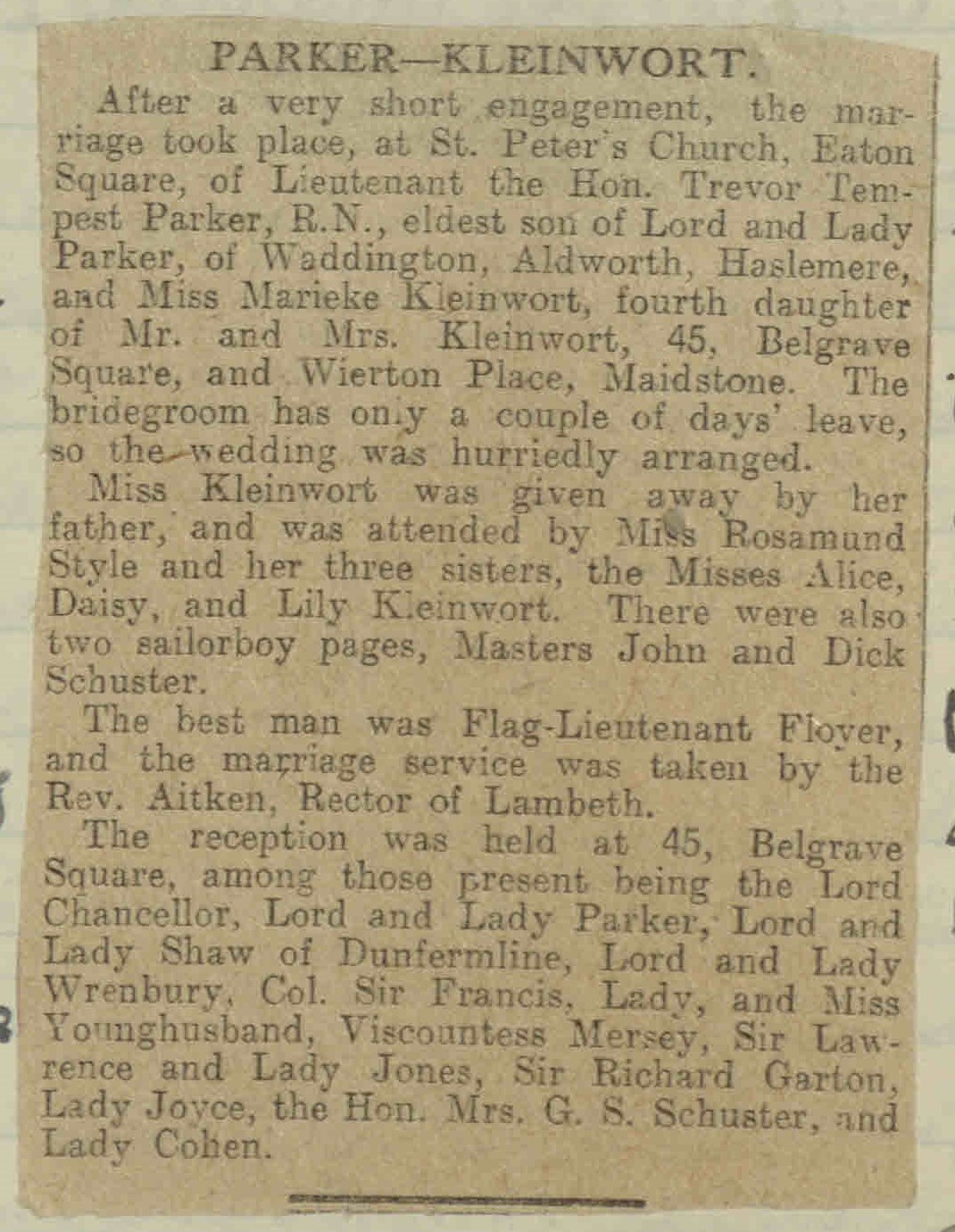 Notice of wedding from The Times