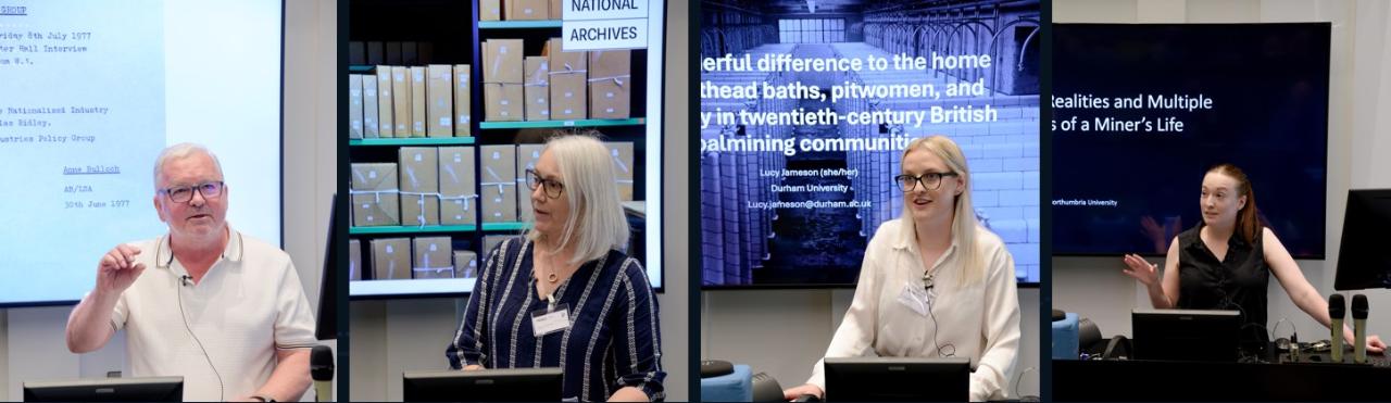 Photographs of four of the speakers presenting at the conference