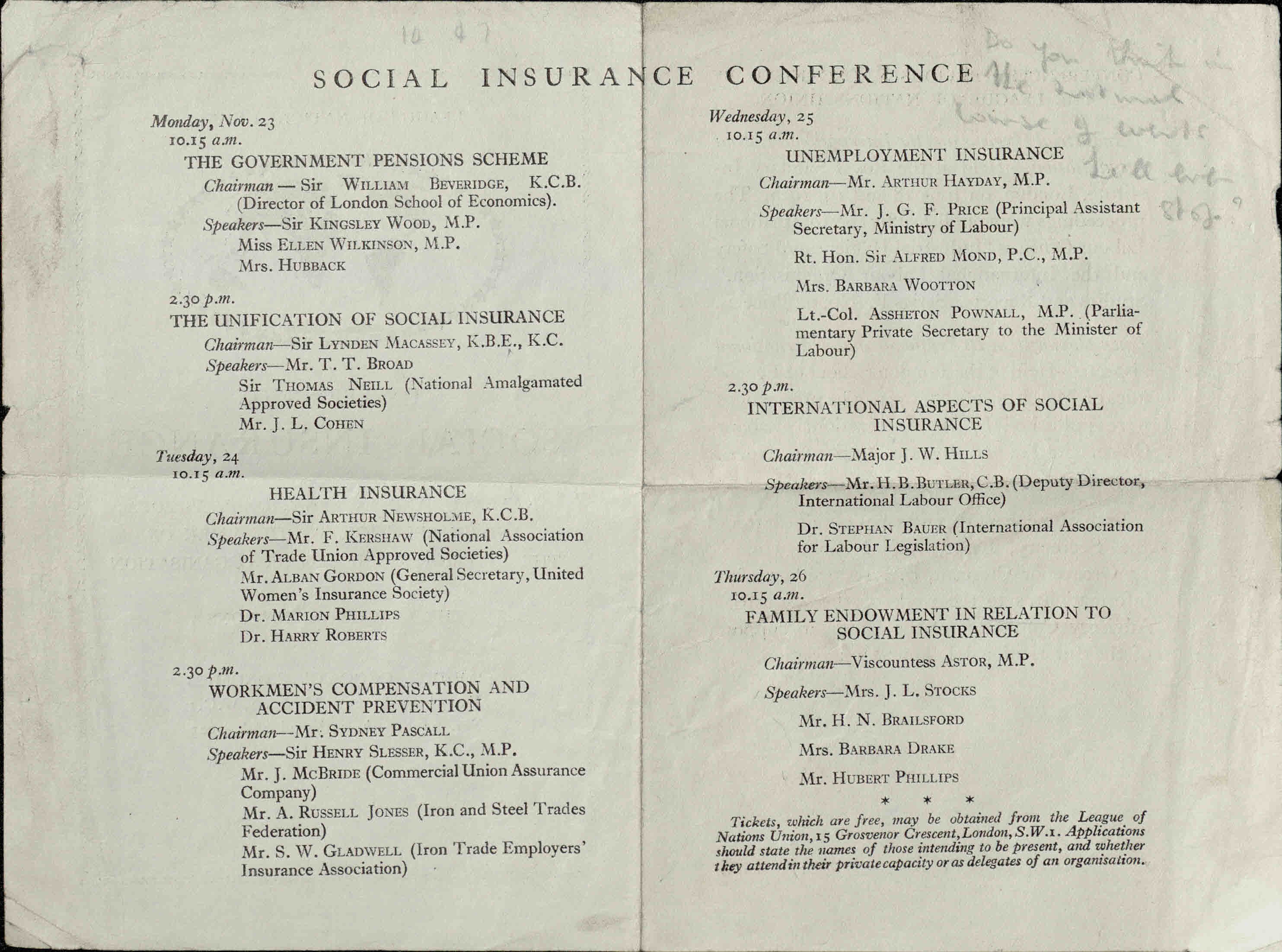 Programme for social insurance conference at the LSE, November 1925