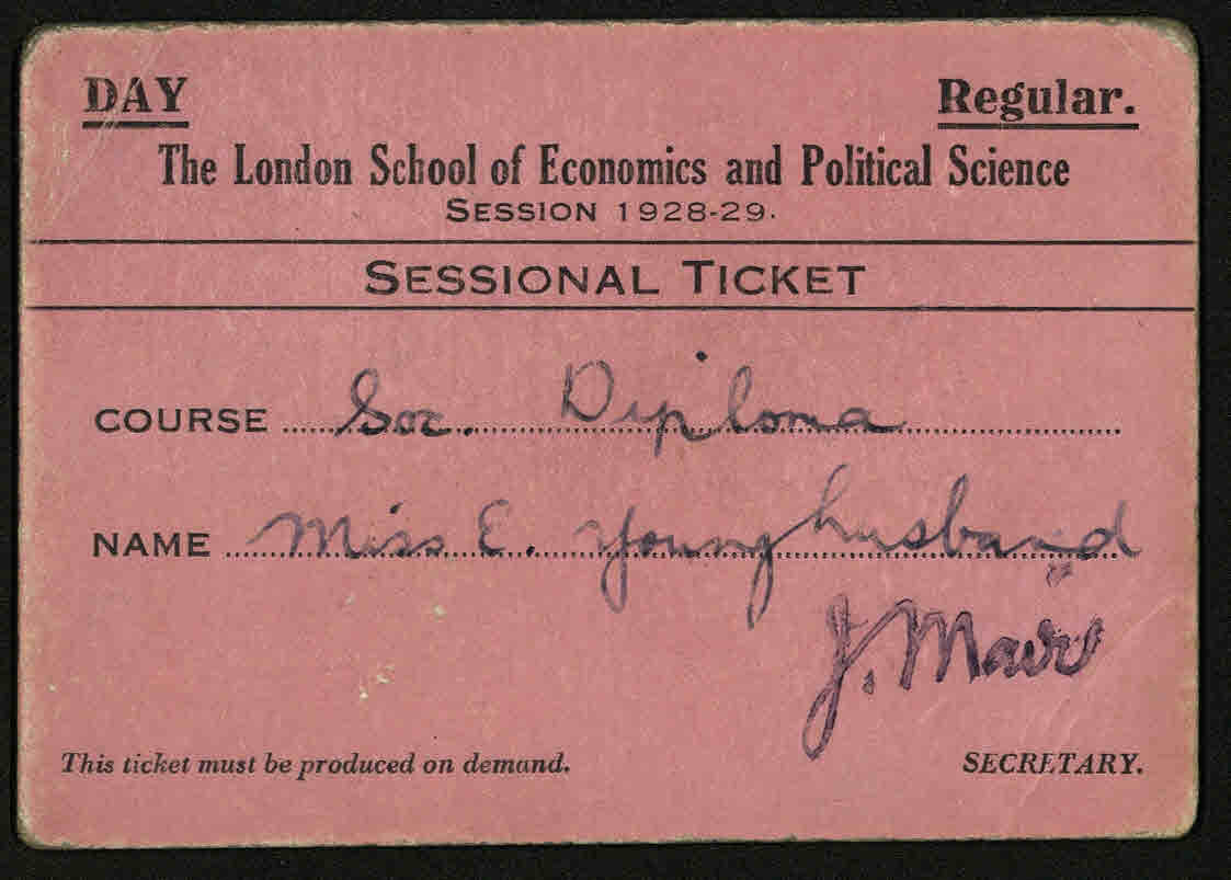 London School of Economics student card for Eileen Younghusband