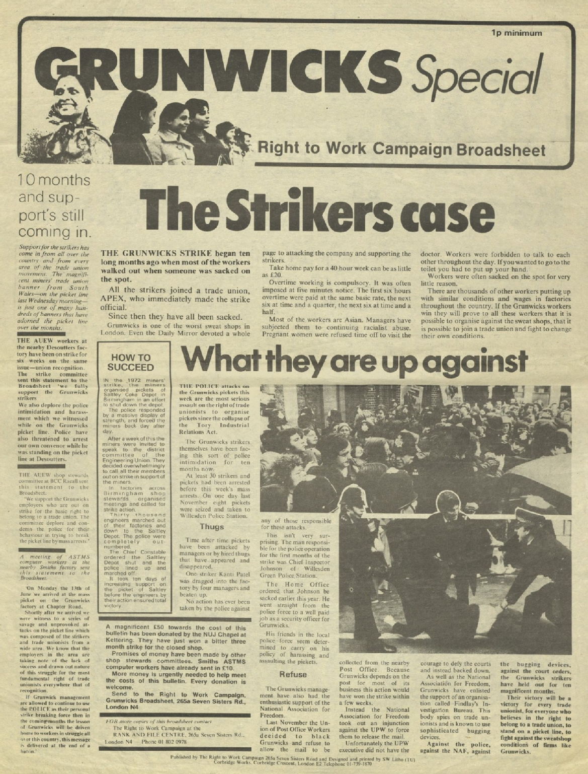 Front page of 'Grunwicks Special', Right to Work Campaign Bulletin