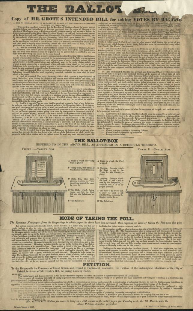 Nineteenth century copy of Mr Grote's intended Bill for taking votes by ballot, images of the proposed ballot box, an explanation of the method of taking the poll.