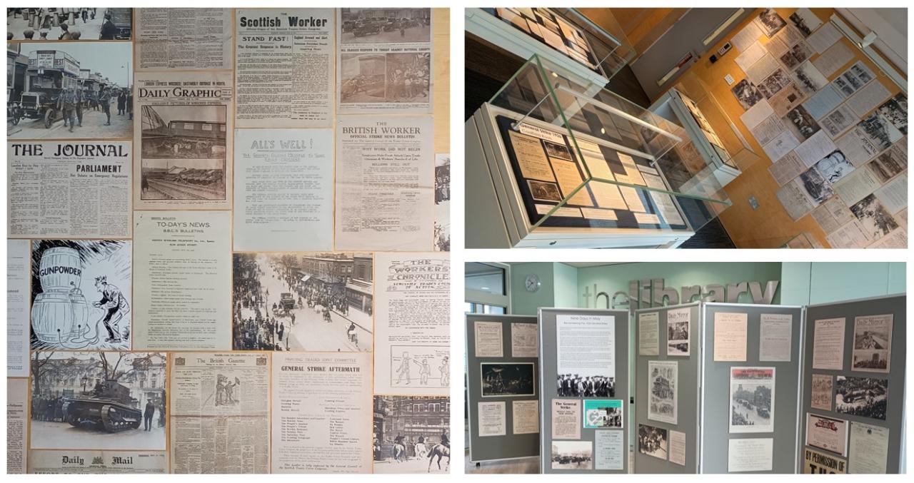 Three photos of the General Strike exhibition, including display cases containing archives, display panels and copies of documents displayed on a back wall.