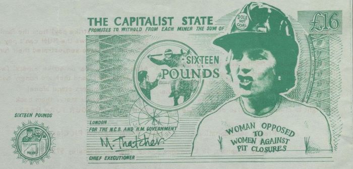 Leaflet in the style of a satirical £16 note, including a portrait of Margaret Thatcher