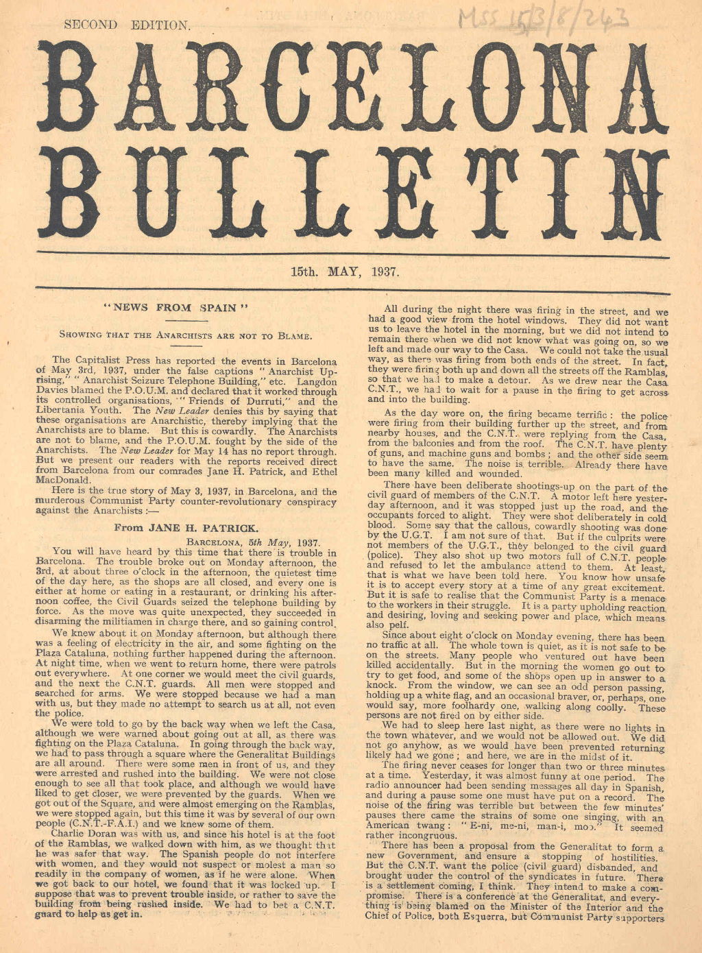 'Barcelona Bulletin', second edition, 15 May 1937