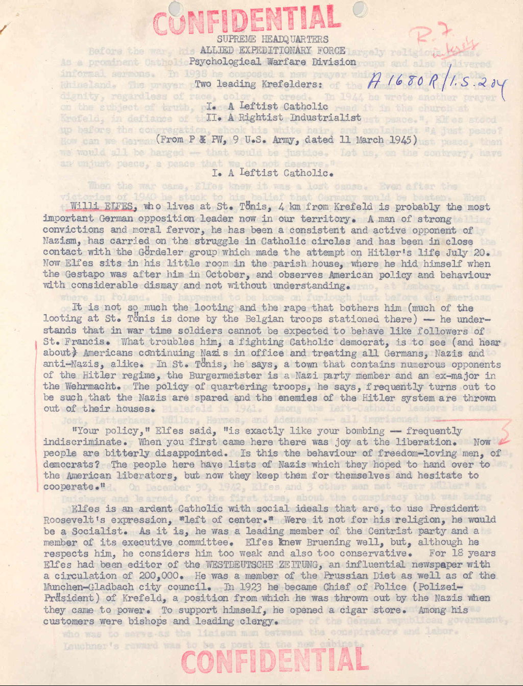 Report of an interview with Wilhelm Elfes, an opponent to the Nazi regime in Krefeld, 11 March 1945