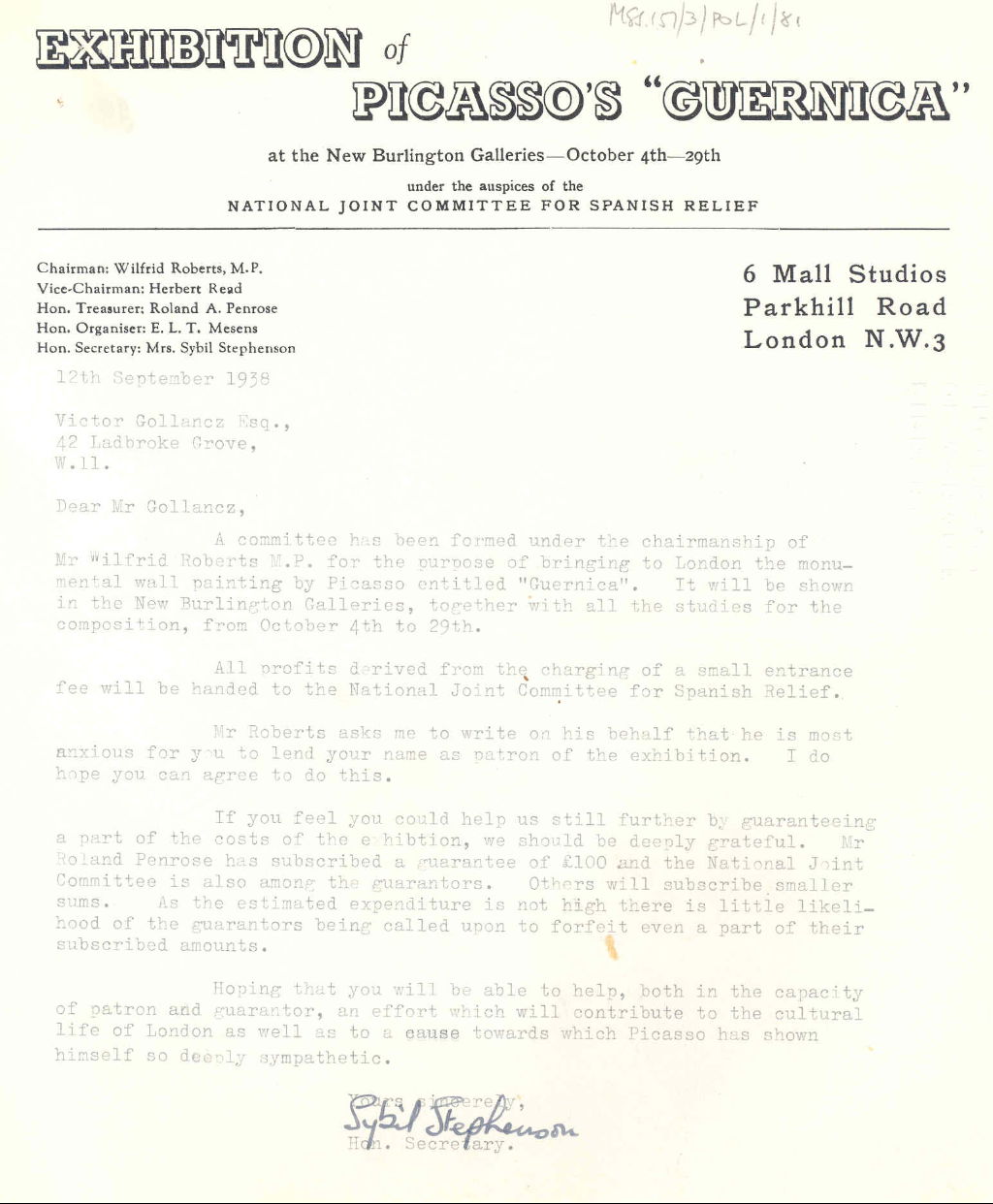 Letter to Victor Gollancz, asking him to act as a patron of the exhibition of Picasso's 'Guernica' in London, 1938