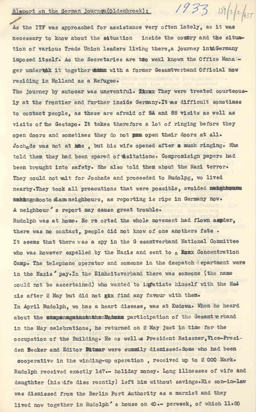 Report on visit to Germany to meet trade union leaders following the election of Hitler, 1933