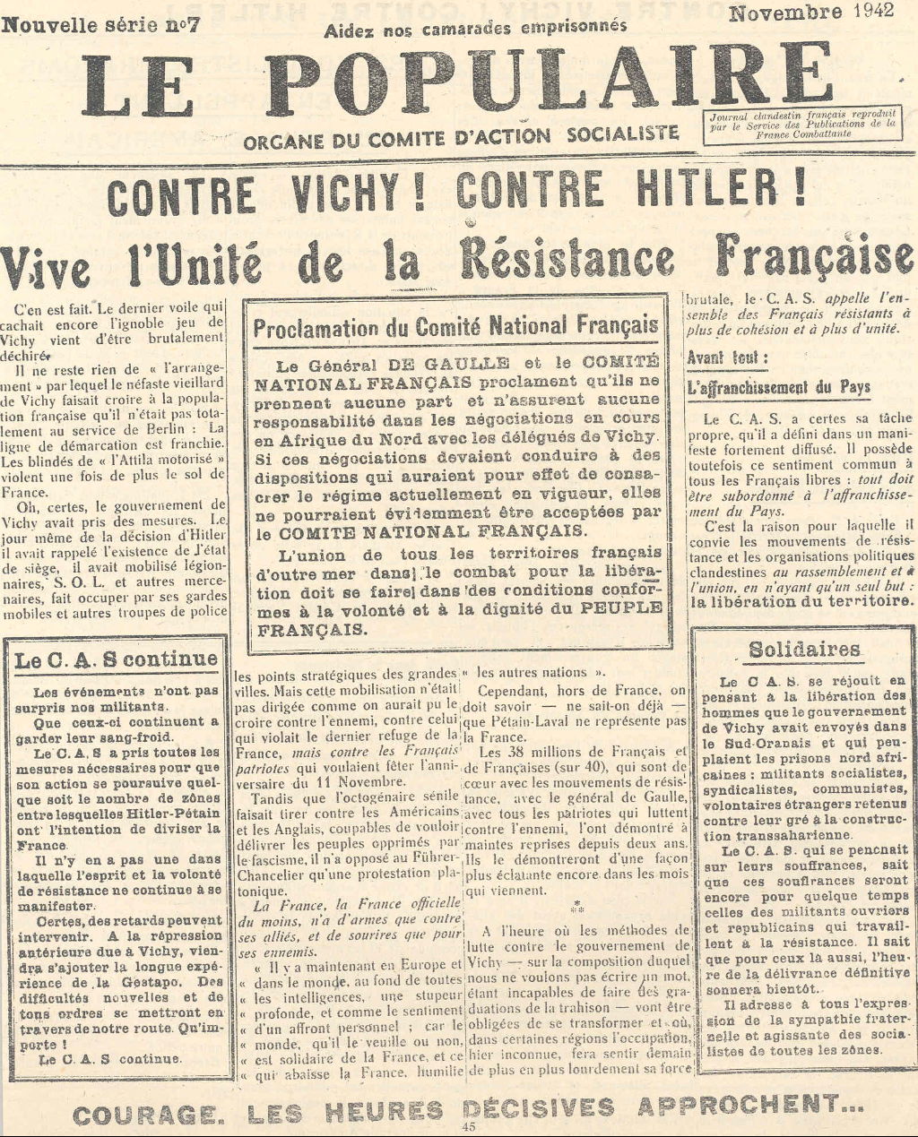 Edition of 'Le Populaire', a socialist French resistance news sheet, November 1942