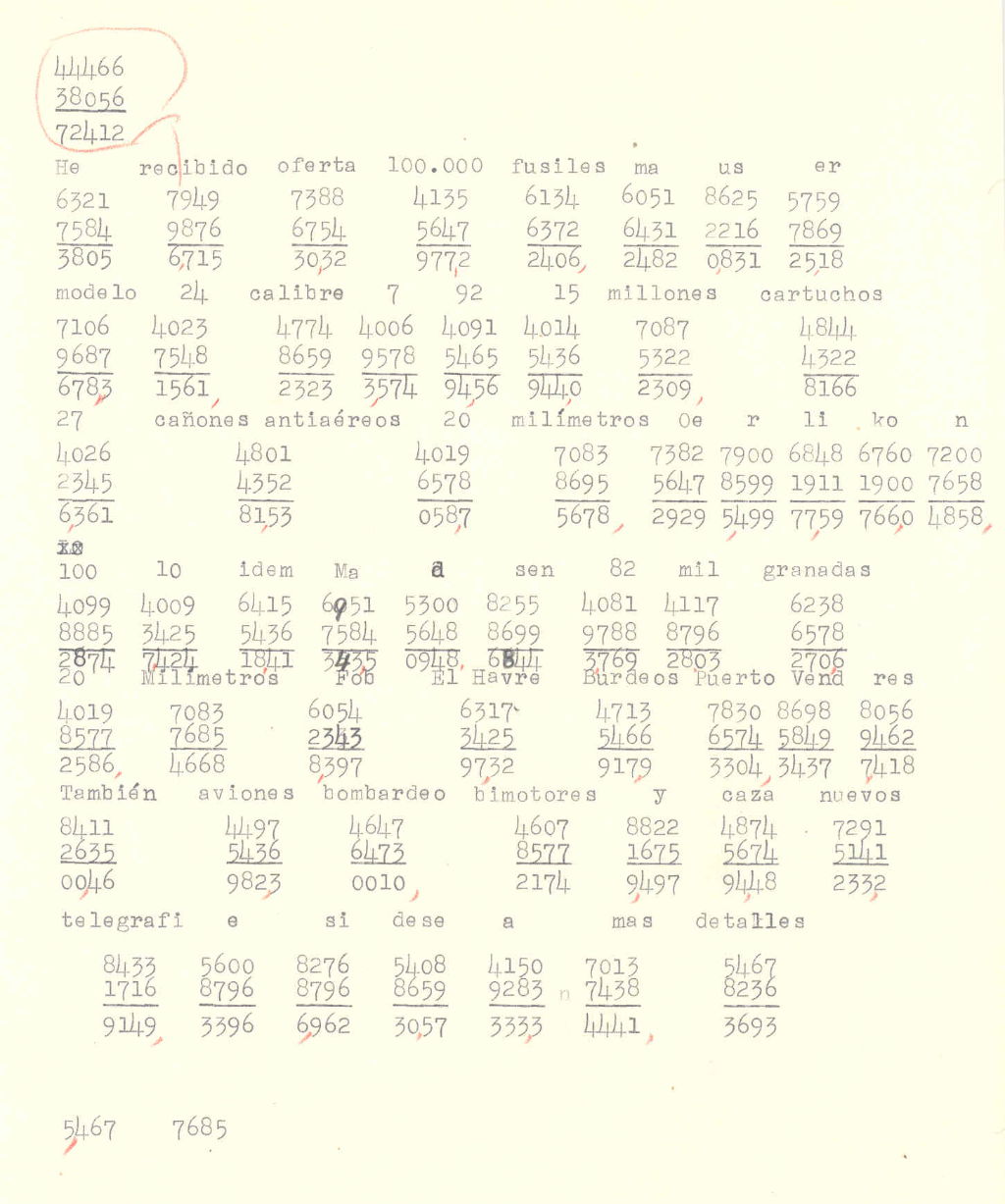 Translation of coded message about armaments, sent on 8 February 1938