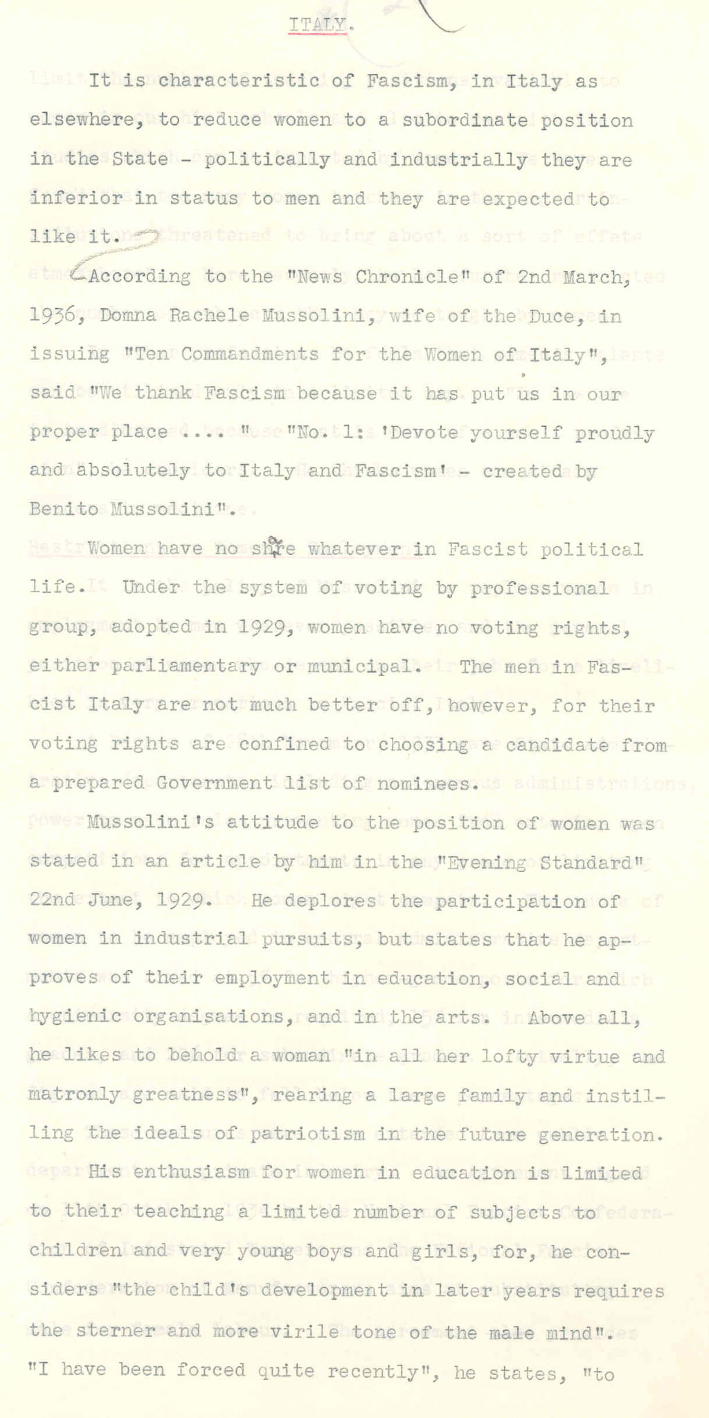 Report on the status of women under the Fascist regime in Italy, 1937