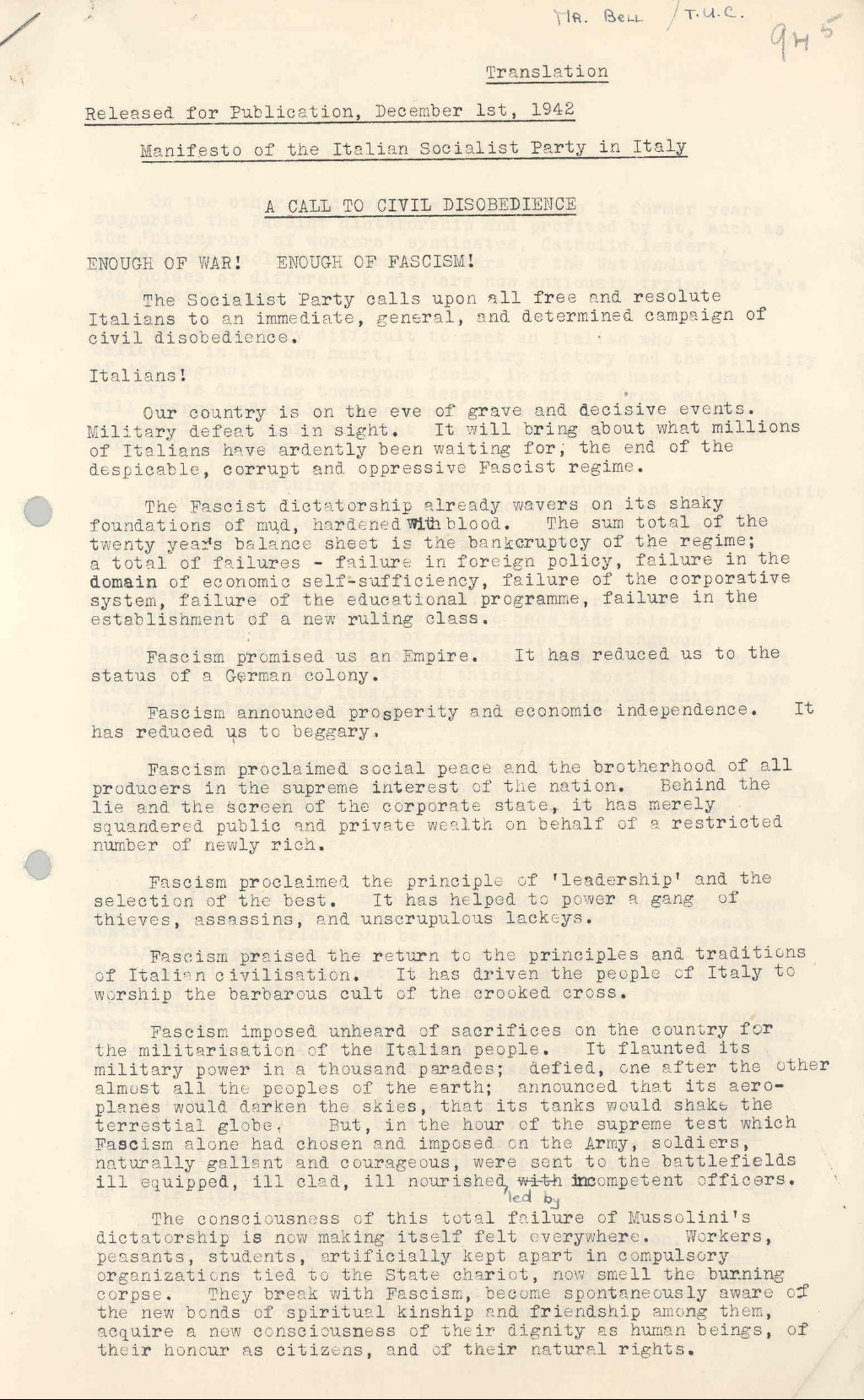 Manifesto of the Italian Socialist Party in Italy: 'A Call to Civil Disobedience', 1 December 1942