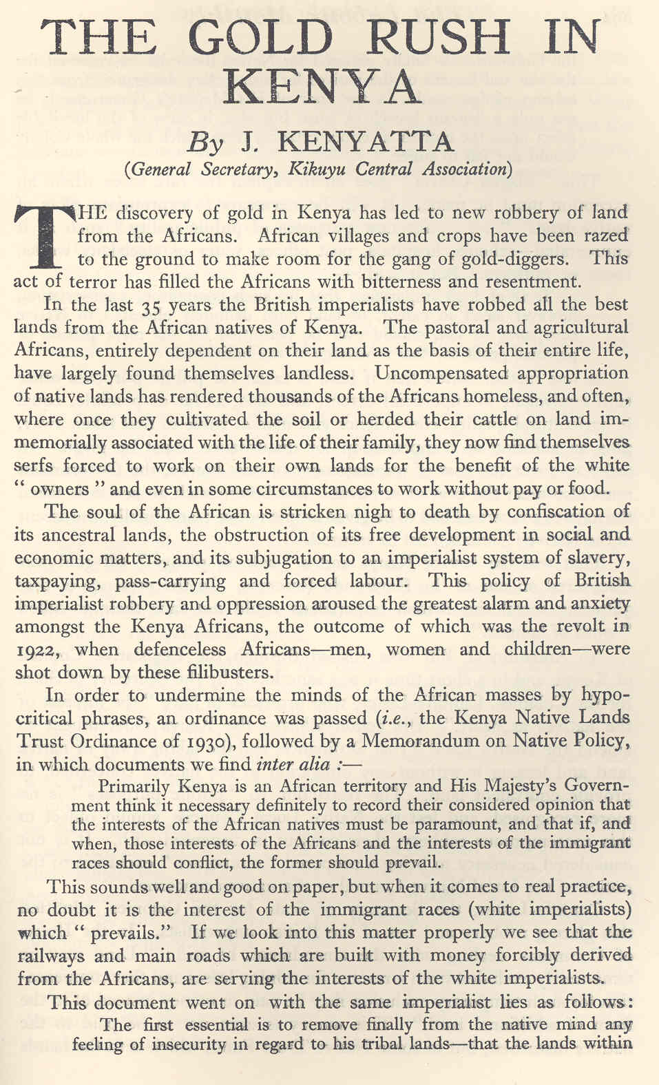 'The Gold Rush in Kenya' by Jomo Kenyatta, 1933