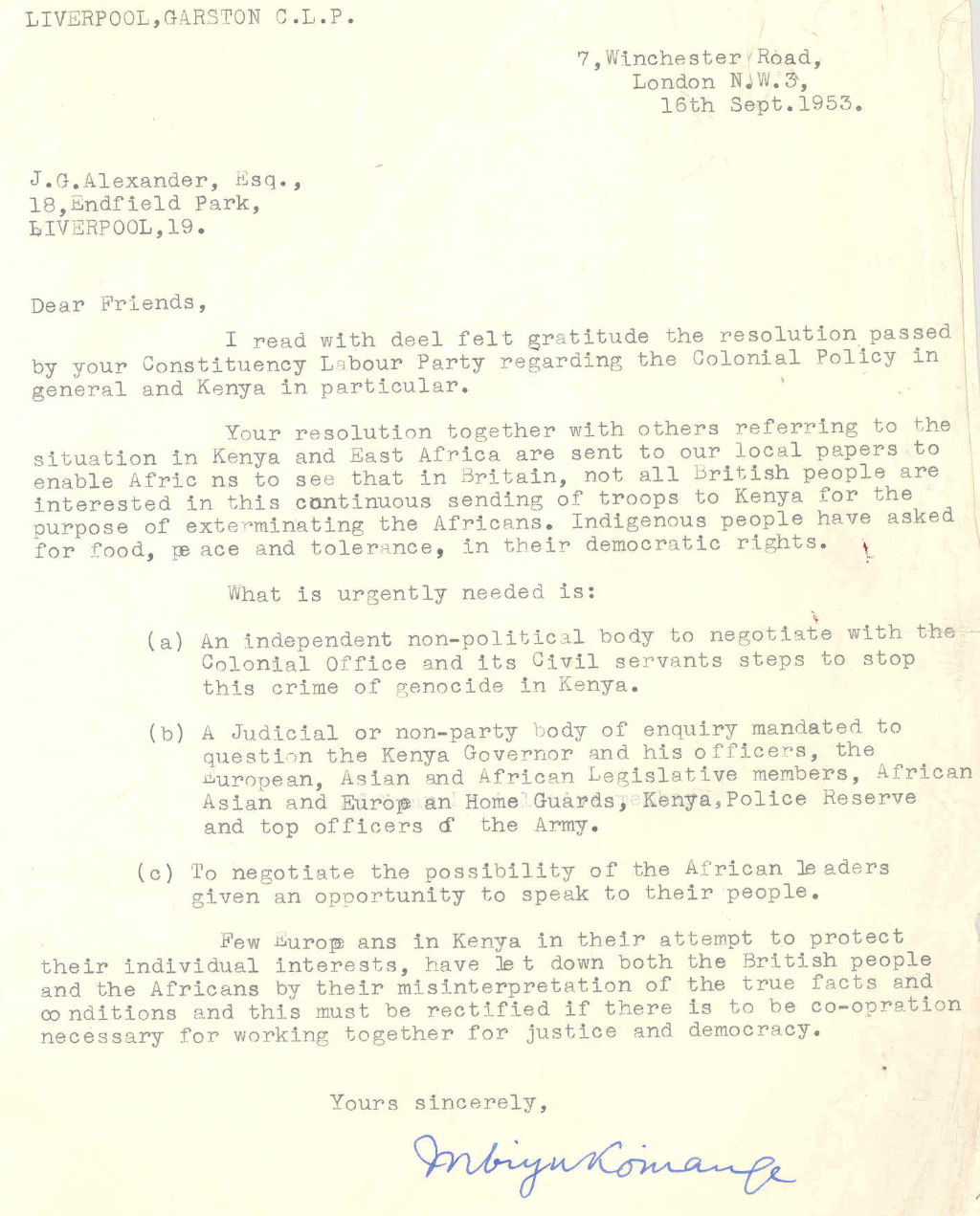 Letter from Mbiyu Koinange regarding the situation in Kenya, 1953
