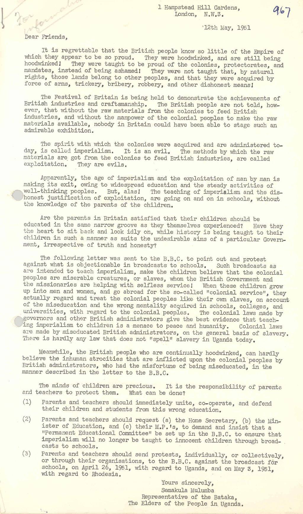 Copy of letter objecting to the celebration of British imperialism, 1951