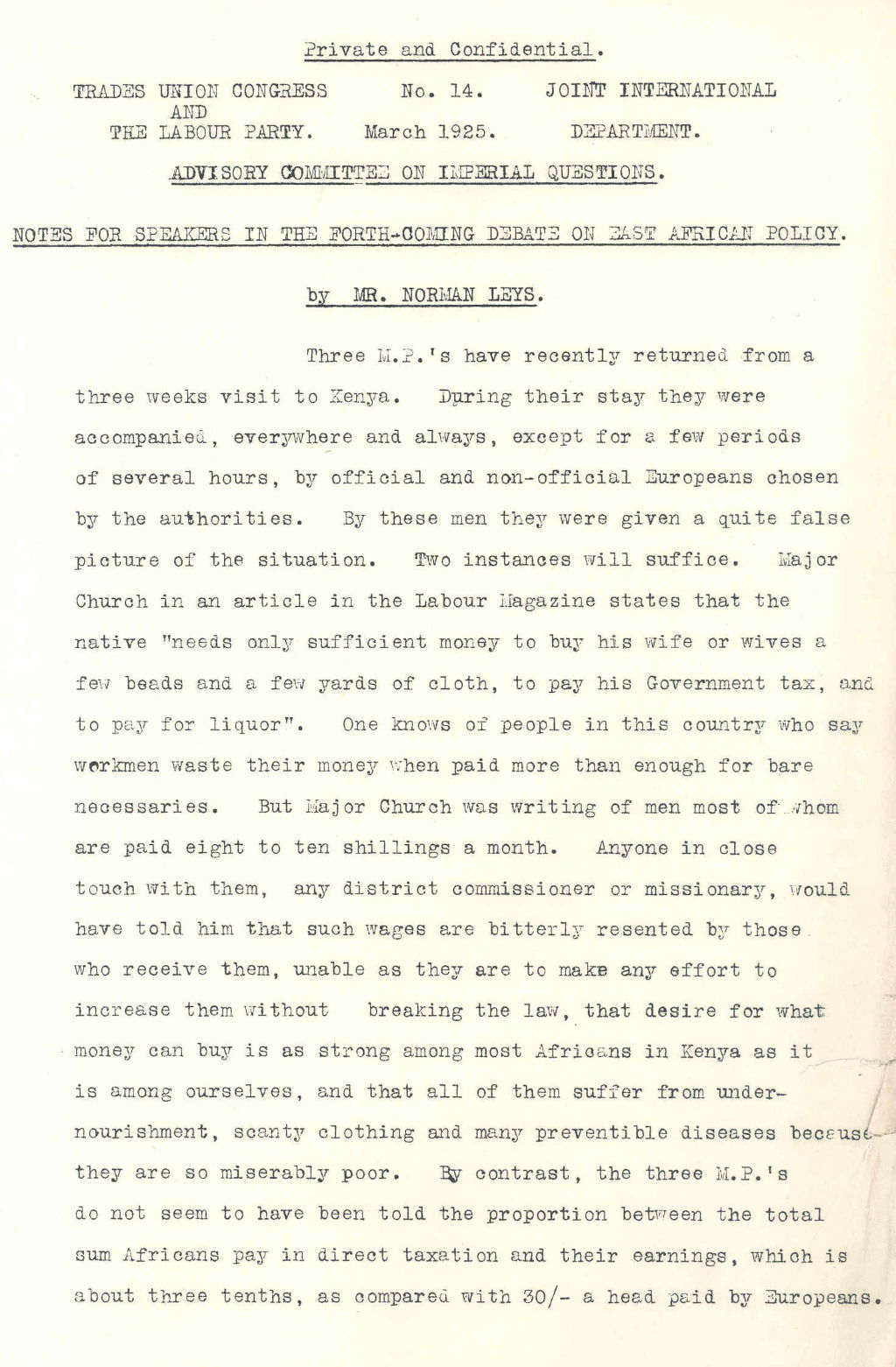 'Notes for speakers in the forth-coming debate on East African policy', 1925