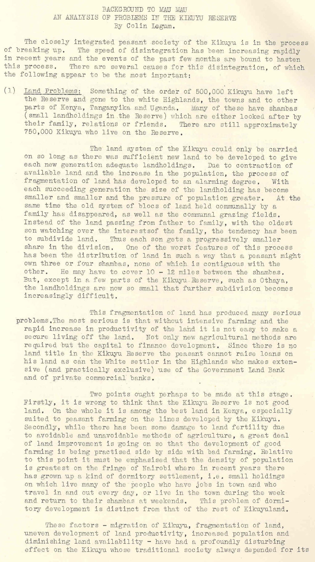 'Background to Mau Mau: an analysis of problems in the Kikuyu Reserve', 1952
