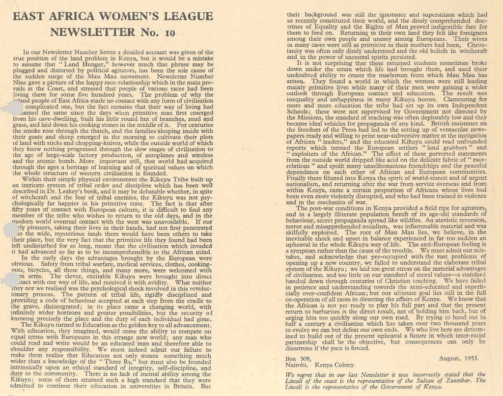 East Africa Women's League newsletter no.10, 1953
