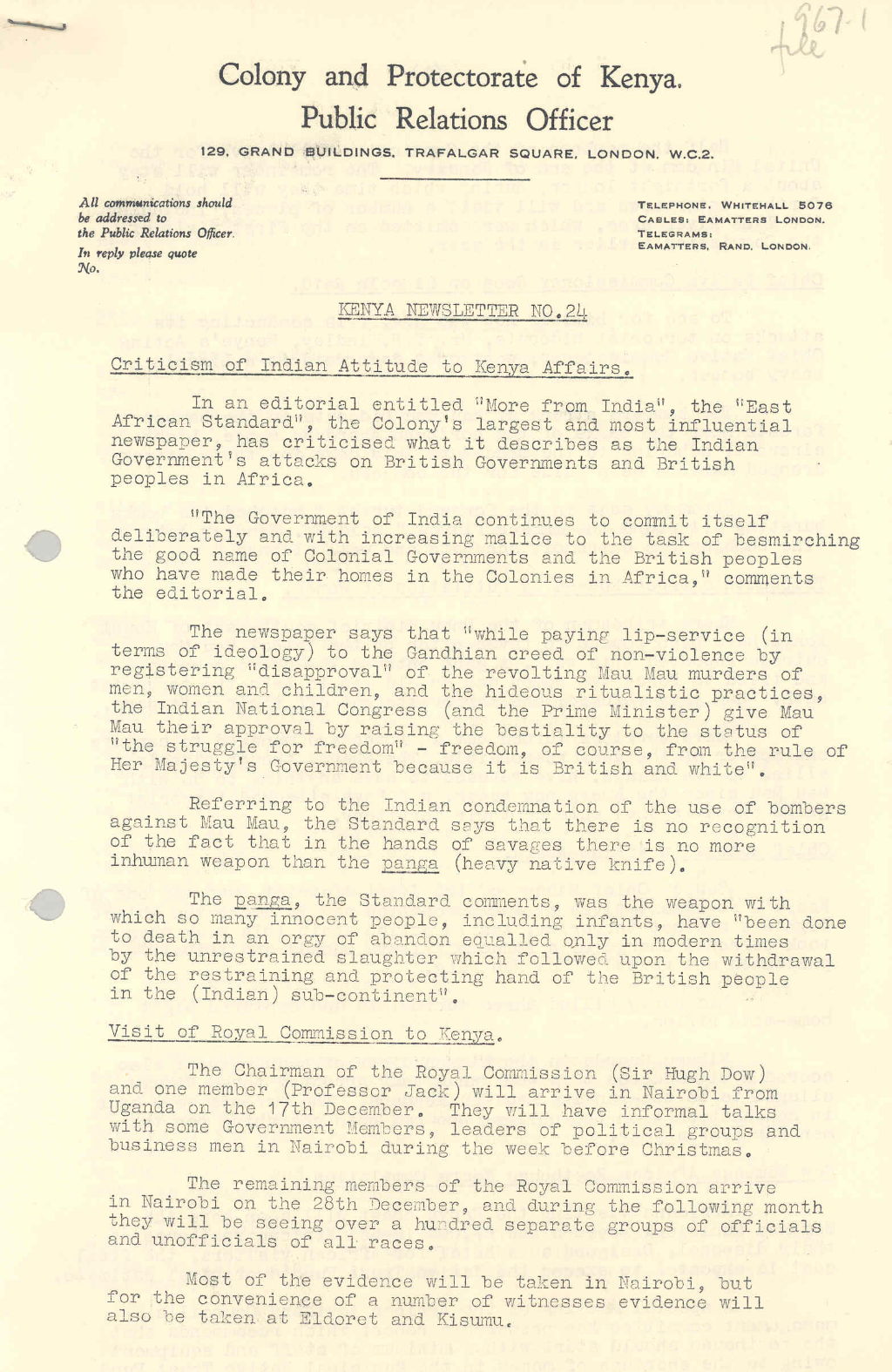 'Criticism of Indian attitude to Kenya affairs', 1953