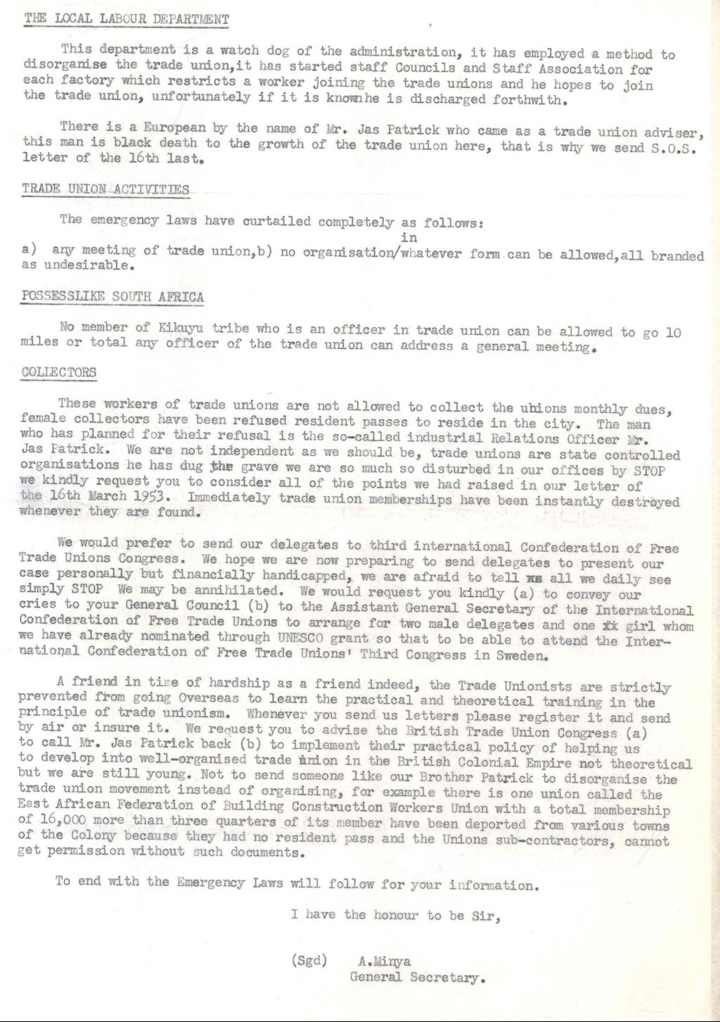 Copy of letter regarding the arrest of trade union leaders in Nairobi, 1953