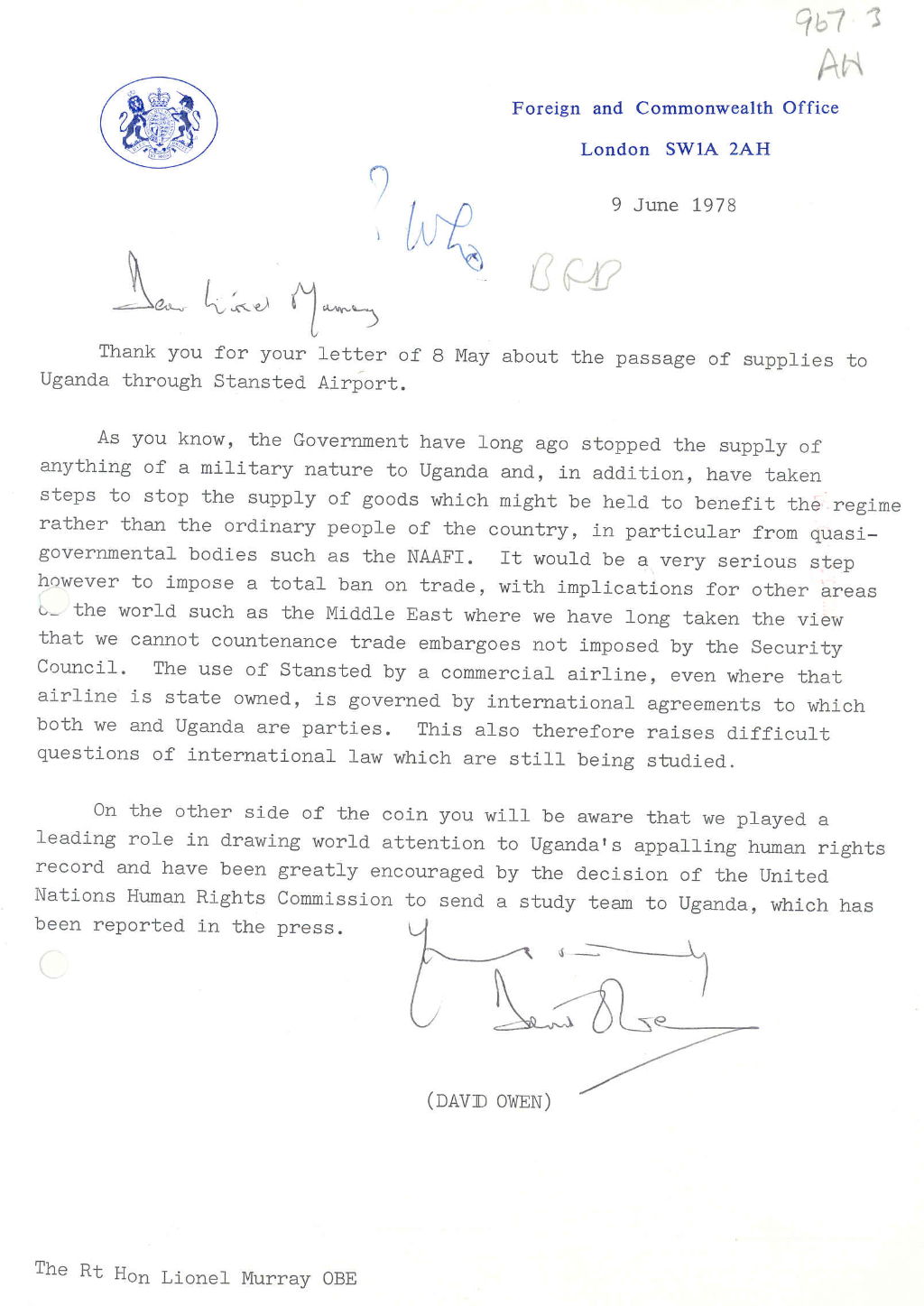 Letter from David Owen, Foreign Secretary, regarding trade with Uganda, 1978