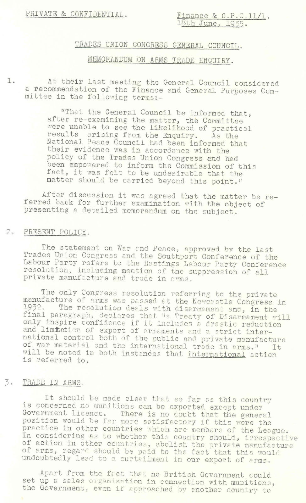 Memorandum on the Royal Commission of Enquiry into the Private Manufacture of and Trading in Arms, June 1935
