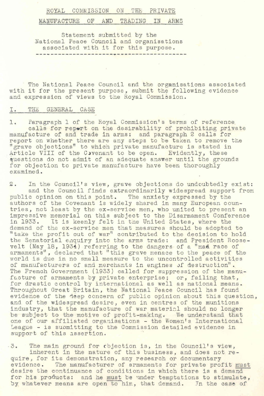 Statement to the Royal Commission of Enquiry into the Private Manufacture of and Trading in Arms, May 1935