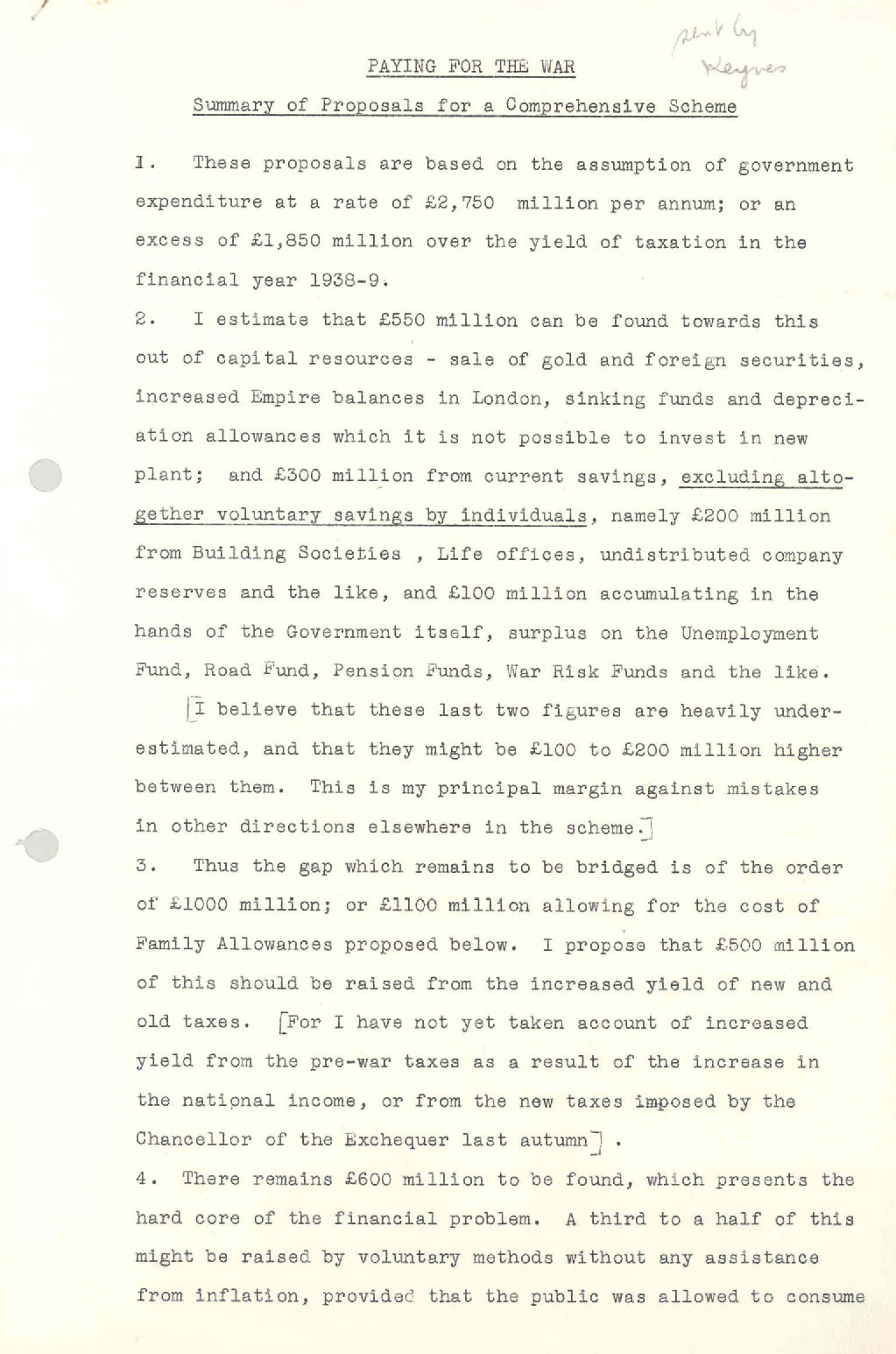 'Paying for the War: Summary of proposals for a comprehensive scheme', 22 January 1940