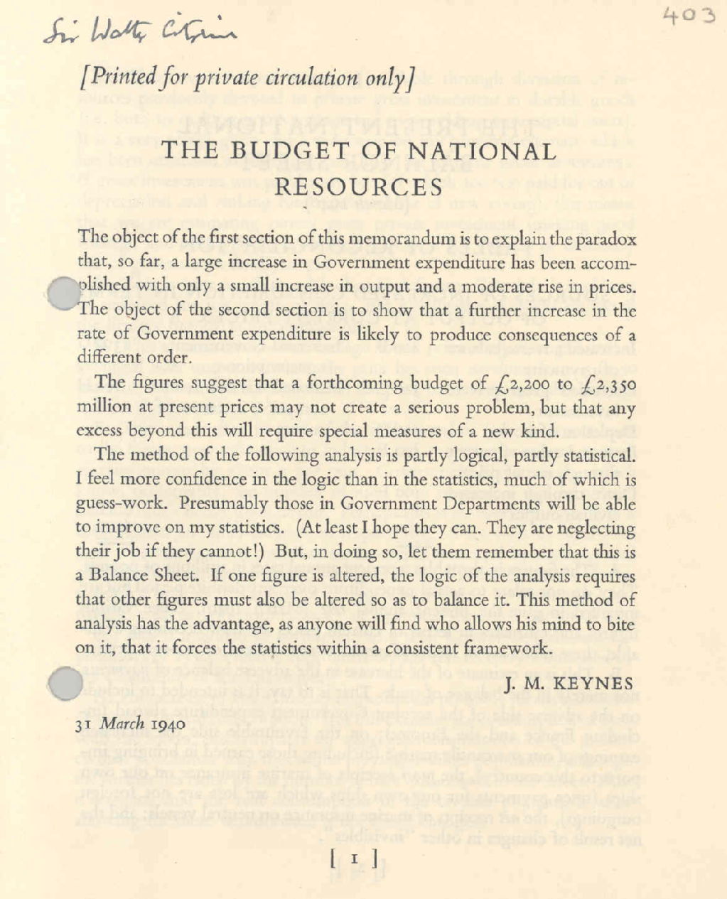'The Budget of National Resources', 31 March 1940