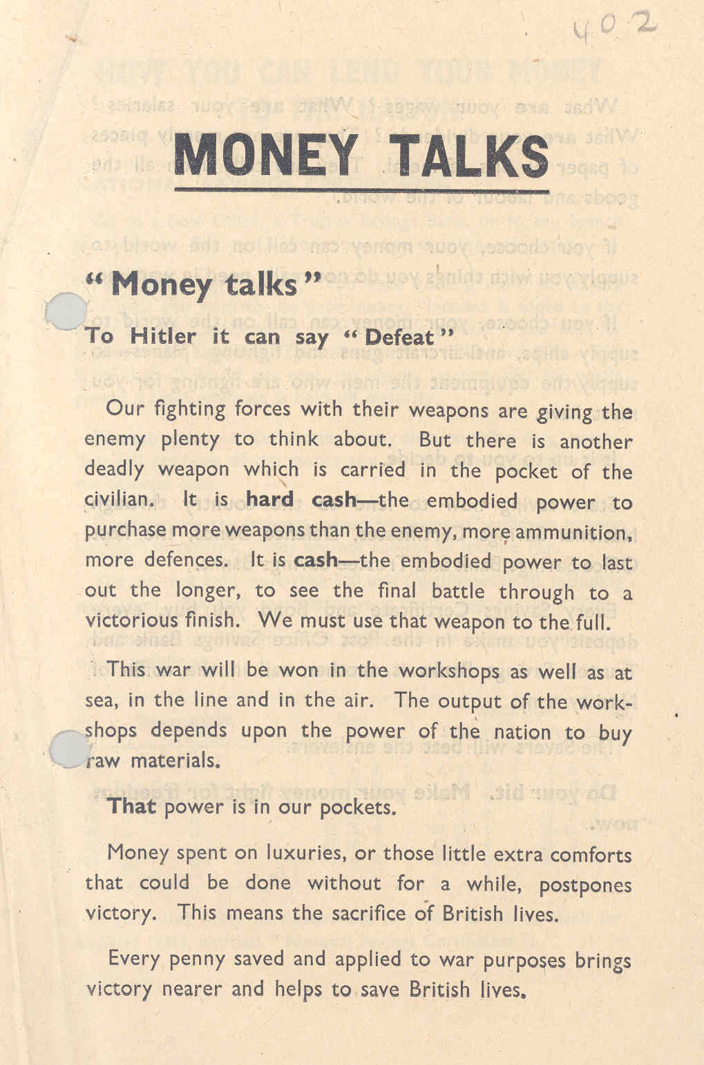 '"Money talks": To Hitler it can say "Defeat"', November 1939