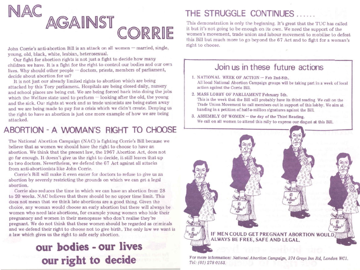 National Abortion Campaign leaflet produced in response to the Corrie Bill