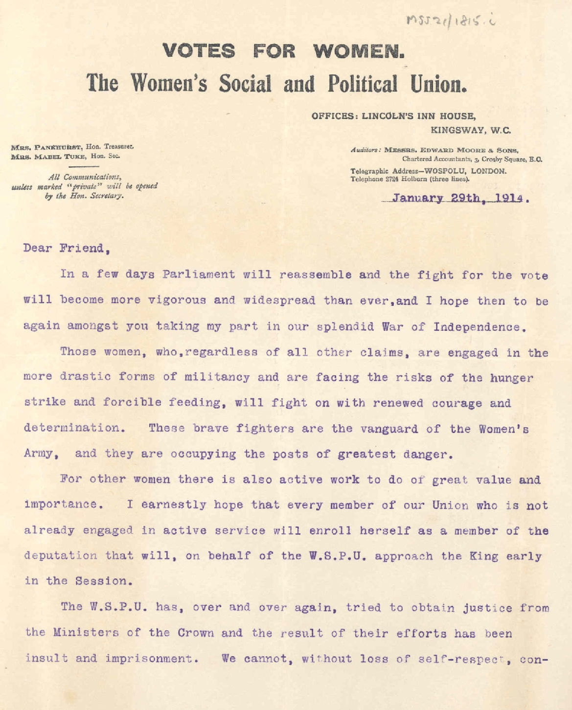 'Votes for Women' letter