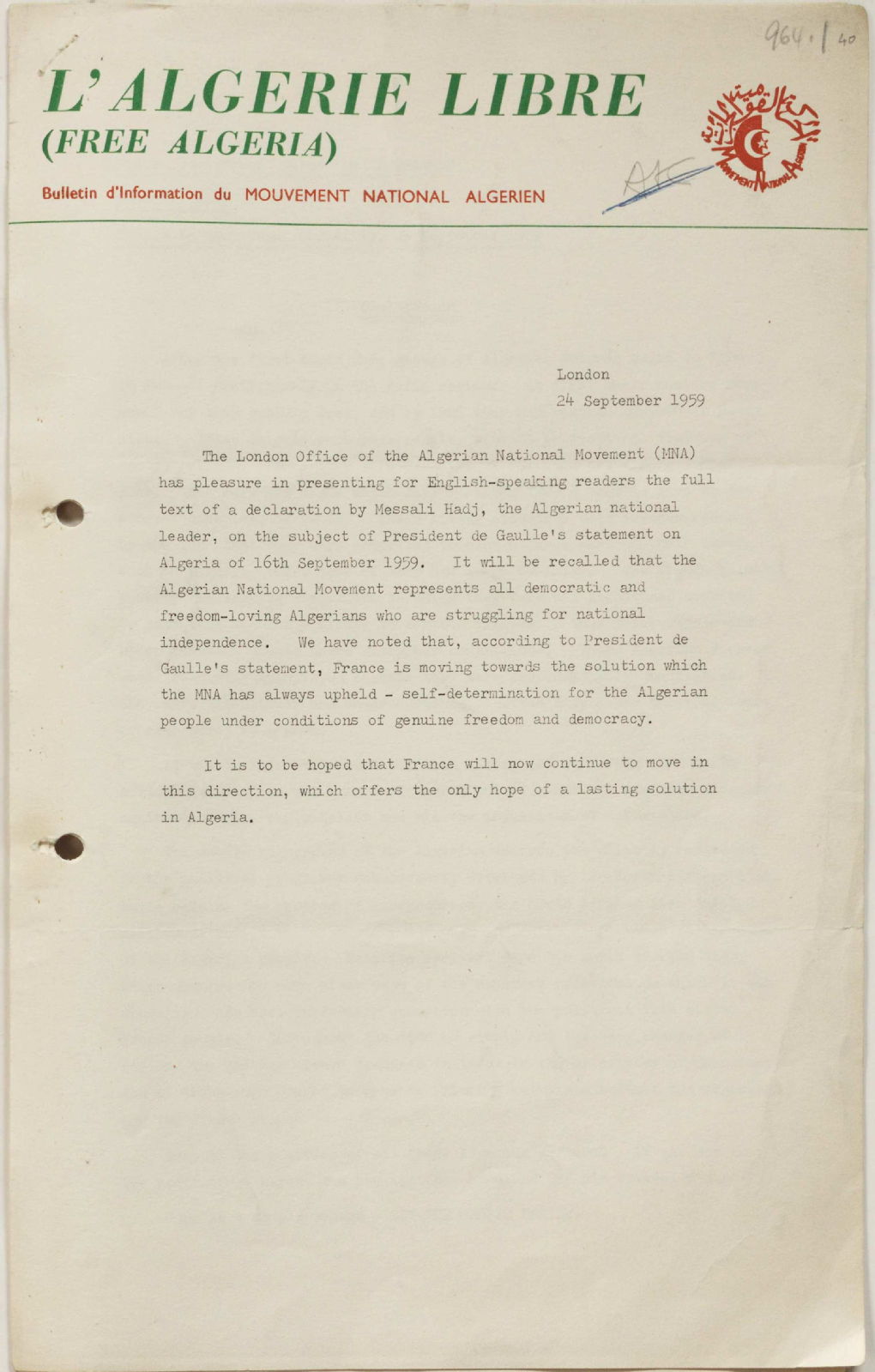 Declaration of Messali Hadj in response to General de Gaulle